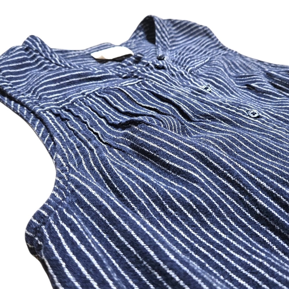 Wmns Navy Blue Striped Button Front Dress M Sleeveless Linen Beach Coastal Chic - Picture 7 of 14